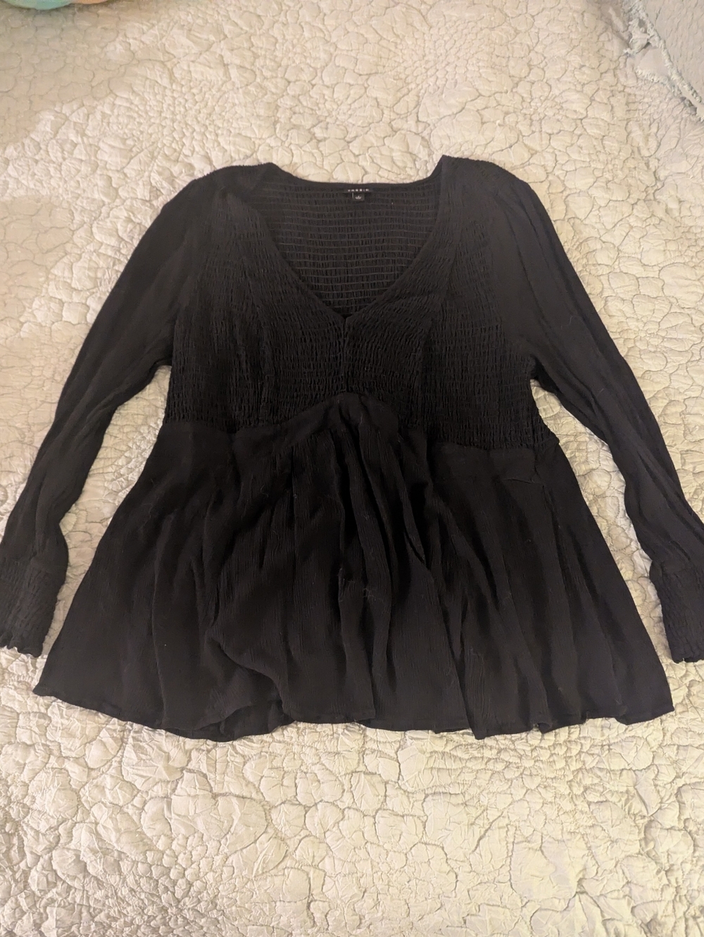 torrid Black Smocked V-Neck Peplum Long Sleeve Top